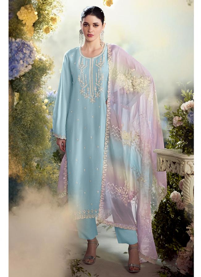 Modal Silk Sky Blue Party Wear Emboidery Work Straight Suit